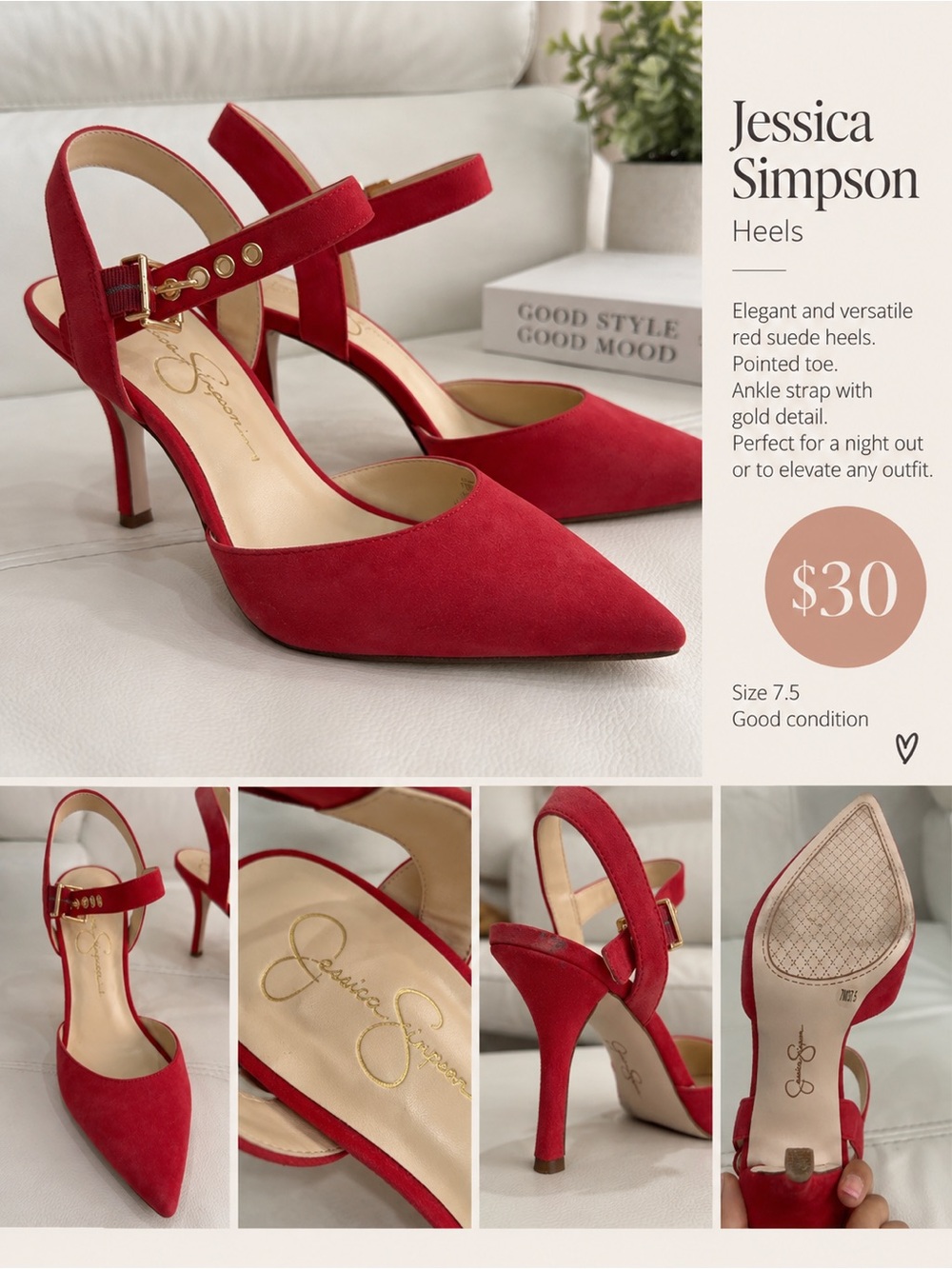 Jessica Simpson Crimson Suede Pointed-Toe Ankle Strap Heels